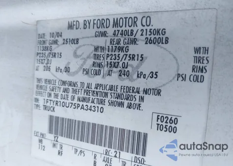 2005 Ford Ranger Edge/Stx/Xl/Xls/Xlt из США, поврежденный, VIN 1FTYR10U75PA34310